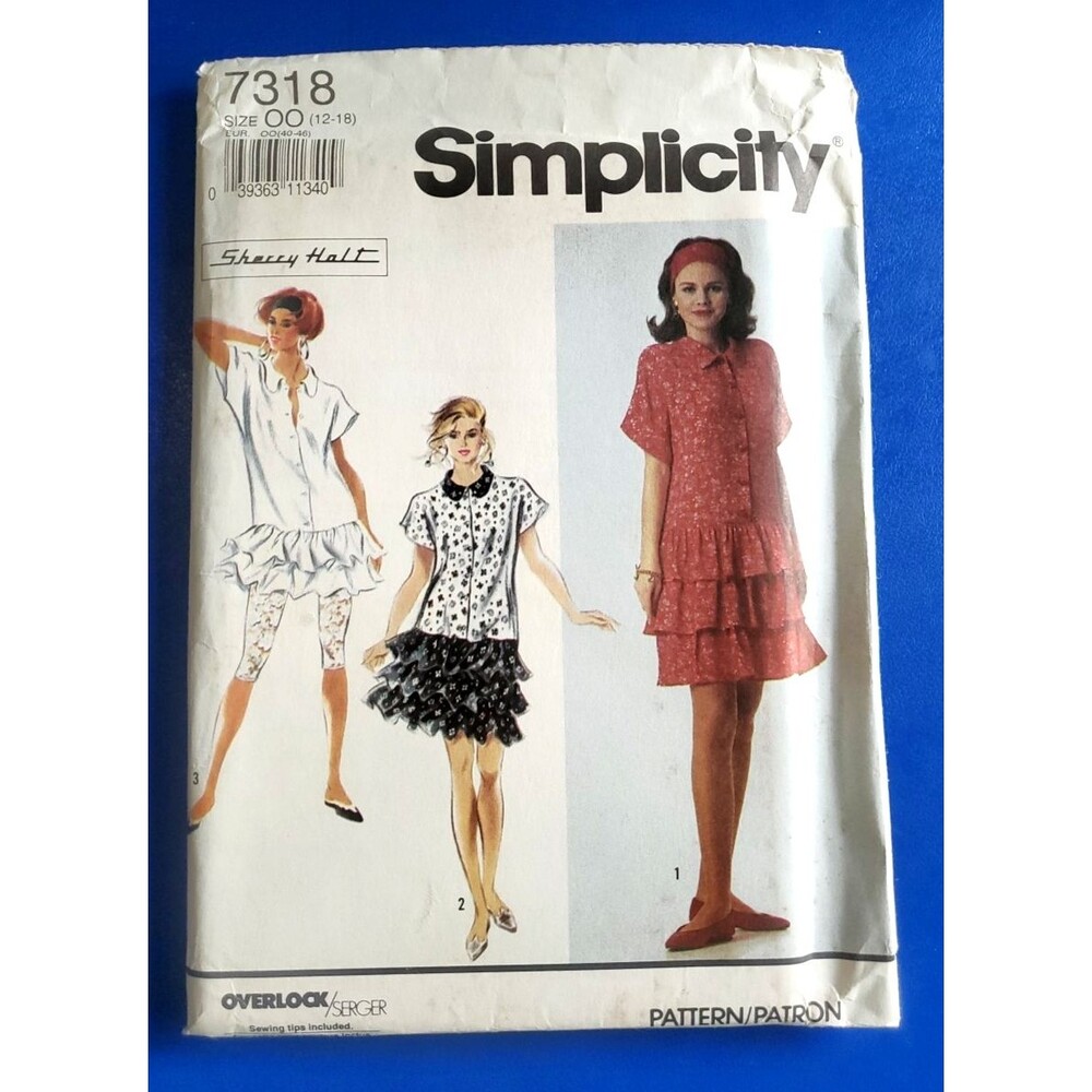 VTG 90s Simplicity 7318 Sewing Pattern Misses Ruffled Dress/Leggings 12-18 UNCUT